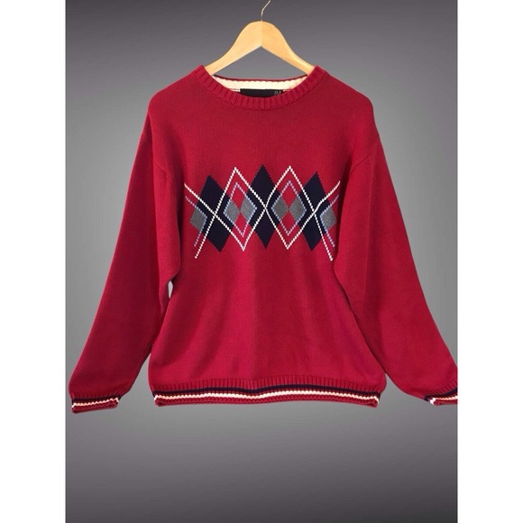 bill blass Other - VTG Bill Blass Sweater Mens Sz L Red Argyle Cotton Crewneck Preppy Knit Pullover